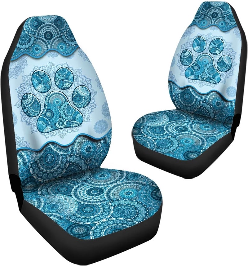 Howilath Universal Car Seat Covers Full Set of 2, Light Blue Boho Mandala Dog Paw Print Auto Front Bucket Seats Protector Car SUV Interior Accessories - Image 3